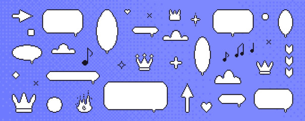 Pixel dialogue boxes y2k. 8 bit speech bubbles set. Game pixel art chat text boxes with fire, crown, music note, arrows. Vector talk frames balloons messages set isolated on dithering background. © Syuzann q