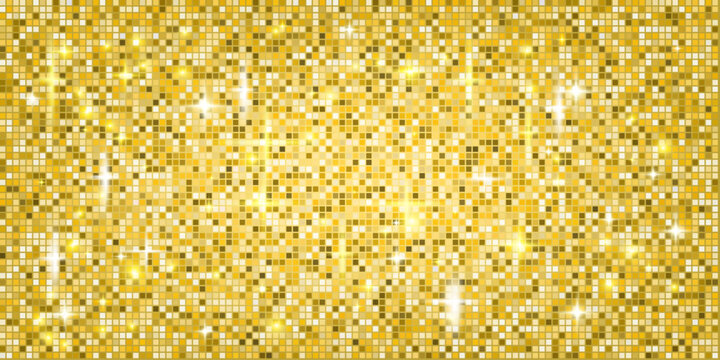 Yellow gold sequin mosaic background with disco ball shine and glitter texture. Golden sparkle floor for glam party or abstract shimmer wall. Vector illustration design.