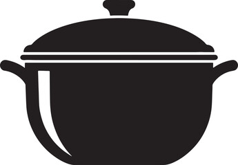 A simple black silhouette of a cooking pot with a lid and handles, representing food preparation or kitchenware in a clean style also transparent background