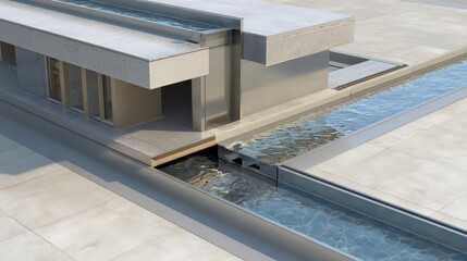 Fototapeta premium A modern architectural design showcasing a building with integrated water features and clean lines, creating a tranquil environment
