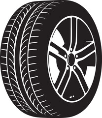Fototapeta premium Black and white representation of a car tire and wheel assembly featuring a detailed tread pattern and a five-spoke alloy rim for automotive applications also transparent background