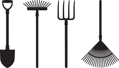 Silhouette collection of garden tools including a shovel a rake a pitchfork and a fan rake for outdoor work and landscaping also transparent background © Pixel With MH