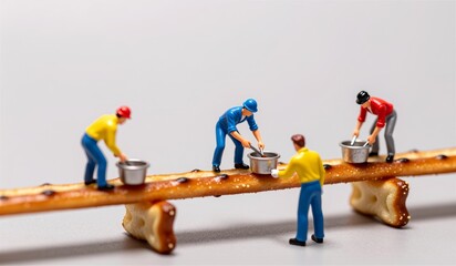 Tiny workers constructing a bridge with pretzels in a whimsical miniature scene