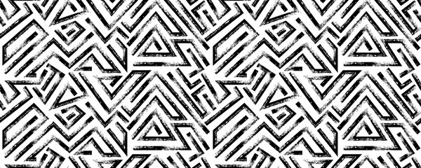 Seamless Grunge Geometric Pattern with Zigzag Lines and Triangles, Hand Drawn Bold Black Ink Labyrinth Motif Background for Textile or Wallpaper.