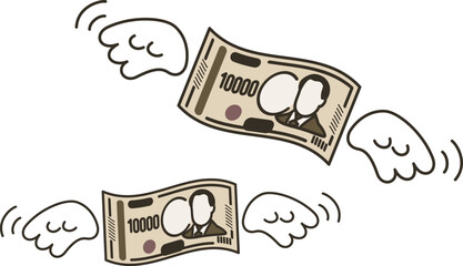 翼が生えて飛んでいく一万円札。新一万円札。紙幣。
