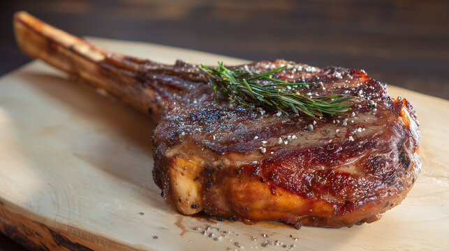 Juicy grilled tomahawk steak seasoned with salt and rosemary on a wooden cutting board.