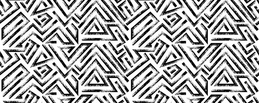Seamless Grunge Geometric Pattern with Zigzag Lines and Triangles, Hand Drawn Bold Black Ink Labyrinth Motif Background for Textile or Wallpaper.
