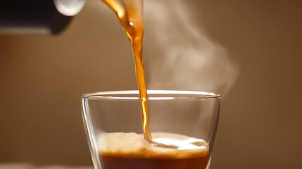 Golden stream: fresh coffee pours into a glass, steam rising, promising warmth and delight, encapsulating a moment of perfect caffeinated bliss. Indulge in the rich aroma