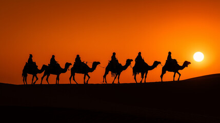 Silhouette of a camel caravan crossing desert dunes at sunset against a dramatic orange sky.