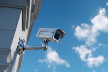 Security camera mounted on building under clear blue sky with scattered clouds