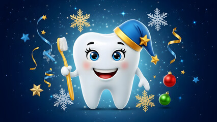 A cheerful cartoon tooth in a festive holiday setting with a party hat