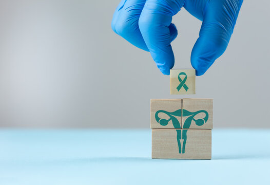 Uterine health. A doctor wearing a blue glove places wooden cubes with a uterus icon. Concept of cervical cancer prevention and early detection, gynecological care, and women's health awareness.