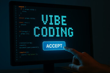 Hand touching digital accept button on coding screen representing programming concept user interface and software development process