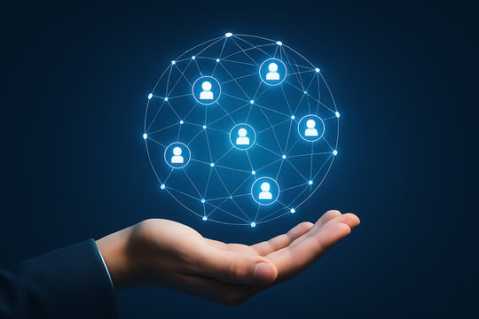 Hand presenting futuristic digital network with glowing human avatar connections symbolizing global communication and virtual networking technology - Powered by Adobe