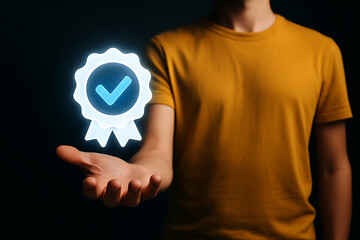 Holographic medal check symbol floating above hand showing quality assurance standard guarantee business success trust approval and reliability