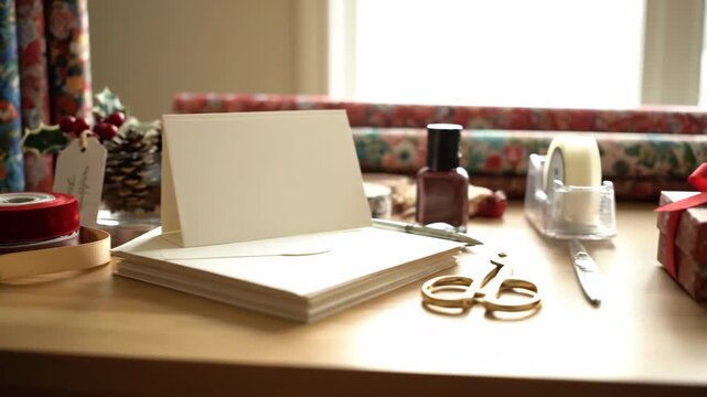 Holiday gift wrapping materials on a wood table