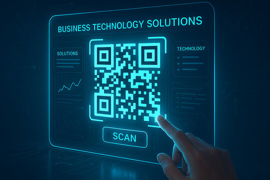 Holographic digital QR code scan interface representing secure online payment with futuristic business technology solutions concept - Powered by Adobe