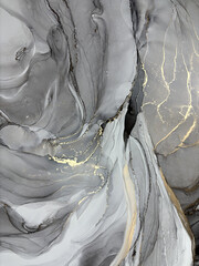 Abstract grey background with gold &mdash; black and white fluid art texture made with alcohol ink and golden potal. Beautiful gray natural art backdrop resembles marble, wing, aquarelle, water, splash.