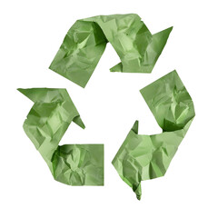 Green Recycling Symbol Made of Crumpled Paper Arrows Isolated on Transparent Background