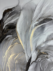 Abstract grey background with gold &mdash; black and white fluid art texture made with alcohol ink and golden potal. Beautiful gray natural art backdrop resembles marble, wing, aquarelle, water, splash.