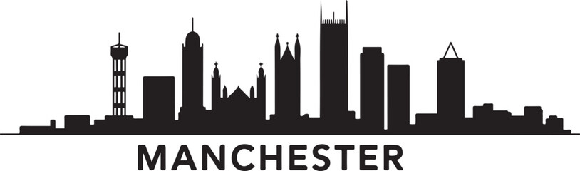 Obraz premium Manchester skyline Black vector illustration. Travel poster. design Vector black silhouette