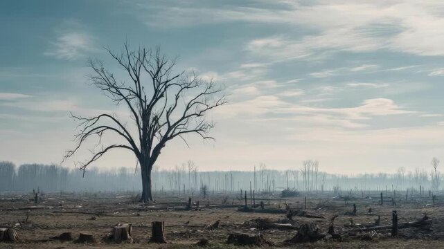 A lone, leafless tree stands in a desolate field of charred stumps and bare ground.
