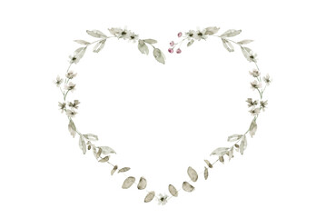 Floral heart shaped wreath made with small off white flowers, green leaves and buds, arranged in light outline. Suitable for wedding invitation, Valentines card, packaging, or baby shower design.