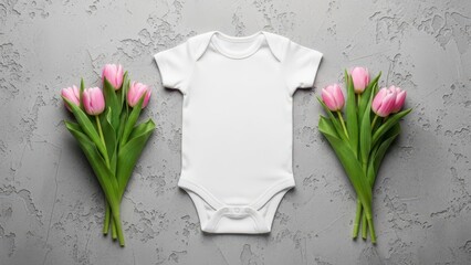 White Baby Bodysuit with Pink Tulips.