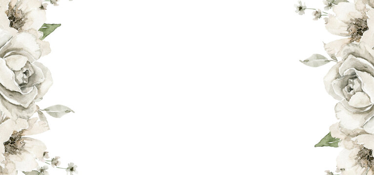 Hand drawn floral frame illustration with off white peonies and green leaves on opposite sides. Ideal for wedding invitation, anniversary card, funeral cards, packaging, branding element, menu design - Powered by Adobe