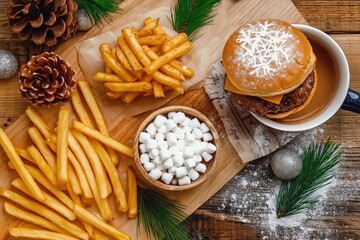 Burger and french fries on a wooden table with Christmas ornaments and pine branches.