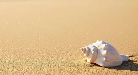 Seashell on golden sand under soft sunlight