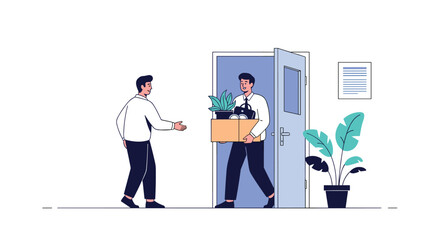 A male employee carrying a box of personal belongings is leaving the office after quitting or being fired from his job farewell.
