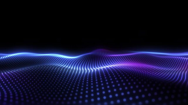Abstract digital glowing dynamic particle waves with motion light background, data flow, cyber technology. 3d rendering. Seamless looping video 4k. Data flow intro video animation