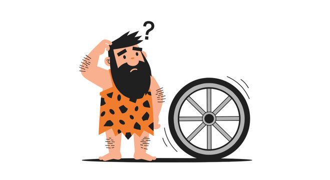 A confused and primitive caveman with a question mark above his head looks puzzled at a spinning wheel he just invented.