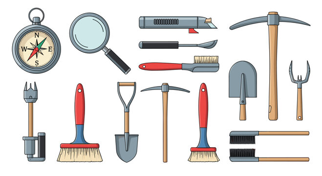 Set of archeology tools and equipment for excavation including a shovel pickaxe brushes a compass and a magnifying glass.