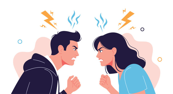 An angry man and woman yelling at each other with fury expressing relationship conflict disagreement and negative emotions vector style.