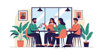 A diverse group of four friends enjoys a conversation over coffee at a cafe table interacting and socializing in their leisure time.