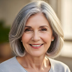 Smiling Mature Woman Portrait Elegant Silver Hair