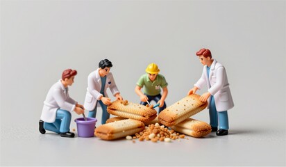 Tiny bakers creating a delightful dessert in a miniature kitchen setting