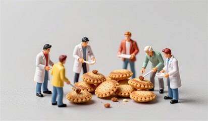 Group of miniature figures enjoying a cookie feast in a playful gathering of culinary delight