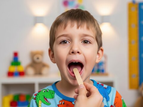 Young boy with open mouth and tongue depressor during a doctor's examination