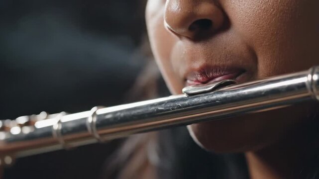 Close up of a woman's mouth playing a silver flute with dark background and soft lighting highlighting her lips and the instrument with shallow depth of field