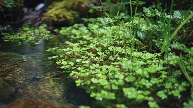 A pond with a dense mat of duckweed floating on the water, edged by green grasses.