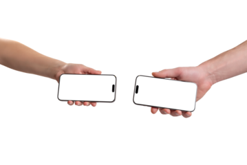 Two smartphones held facing each other with blank screens, transparent, representing device communication, data exchange, authentication, and mobile technology concepts