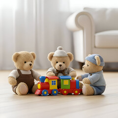 Teddy Bears  Toy Train Playtime on Wood Floor