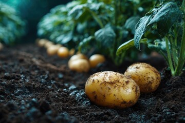 Freshly harvested potatoes on the soil in an organic farm showcasing sustainable agriculture practices in the early morning light