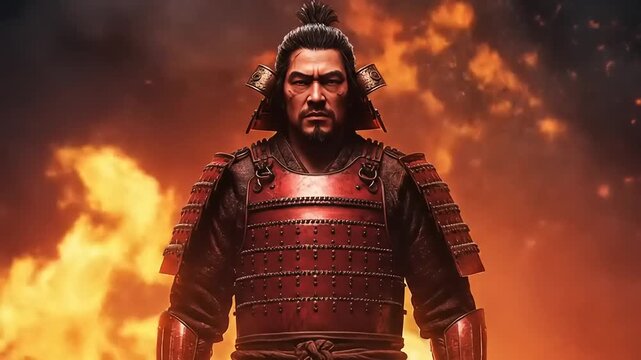 Fierce Samurai Warrior Standing Amidst Intense Flames and Smoke.