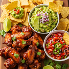 Appetizer Board Glazed Wings Guacamole Salsa Chips