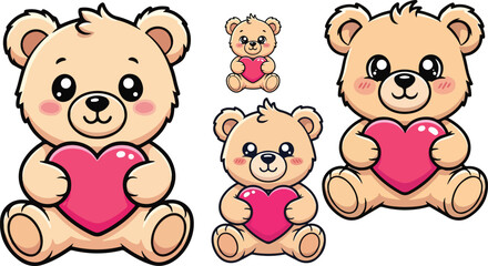 Naklejka premium Adorable collection of three cute cartoon teddy bears holding big pink hearts for valentine day on transparent background