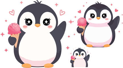 Fototapeta premium Adorable cartoon penguins enjoying sweet pink ice cream cones with sparkling cute kawaii style on transparent background